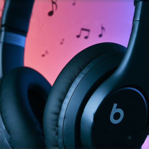 Beats耳機的特寫，展示其設計與品牌標誌，背景中音樂符號象徵音質，突顯音樂迷對高品質音樂享受的熱愛，探索音質背後的秘密與專業服務。