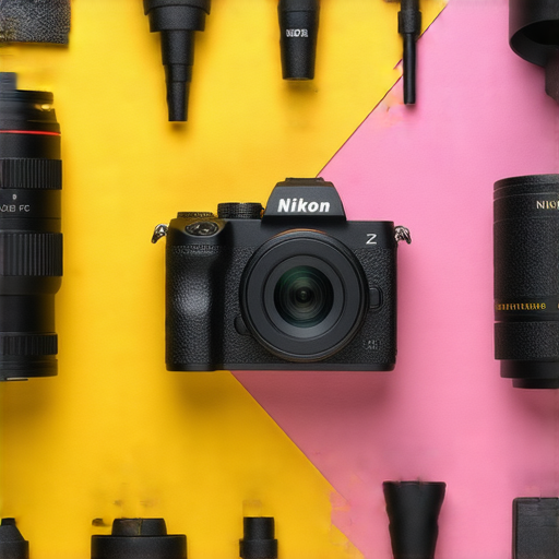 Nikon Z FC相機展示，色彩豐富的照片背景，專業攝影配件環繞，吸引攝影愛好者探索及實現攝影夢想，包含相機特色及功能介紹。