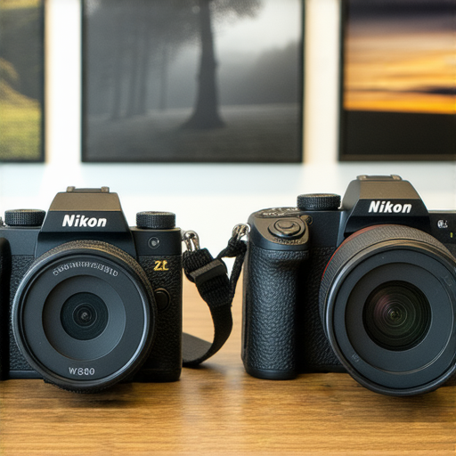 Nikon ZFC相機與W300相機並排展示，展現其精美設計與高性能，背景為攝影作品，象徵揭開攝影新時代的神秘面紗，探索無限攝影可能與專業服務。
