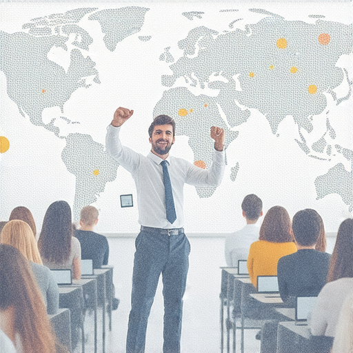 提升職場競爭力的商業英語與商務英語課程介紹，展示學員在多元化環境中學習，強調實用英語技巧和商業溝通能力，幫助專業人士適應全球化職場需求。