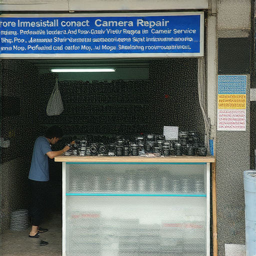 深水埗和旺角專業相機維修服務店的門面，工作人員專注維修相機，展示各式相機及工具，強調高品質技術和用心服務。專業相機維修選擇，立即聯絡了解！