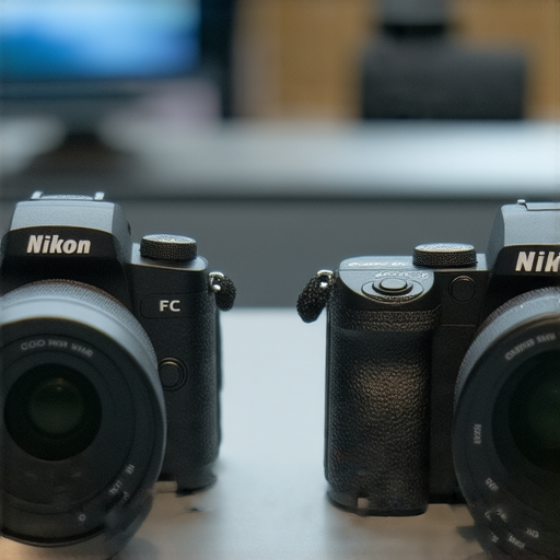 Nikon Z FC及Coolpix W300攝影機並排展示，強調其設計與功能，吸引攝影愛好者探索新境界，背後有攝影場景與專業設備，顯示專業服務。