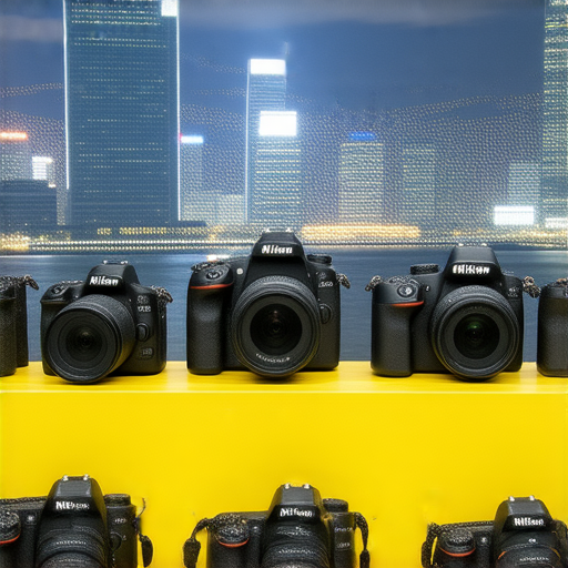 Nikon相機展示，背景為香港城市風景，強調水貨價格和專業服務的吸引力，探索最新攝影器材的選擇和優惠。