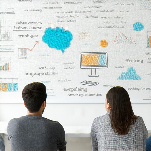 提升職場競爭力的商業英語課程與商務英語課程，展示學習者專注於提升語言技能，增強職場能力，創造更多職業機會的場景，強調實用性與互動性。