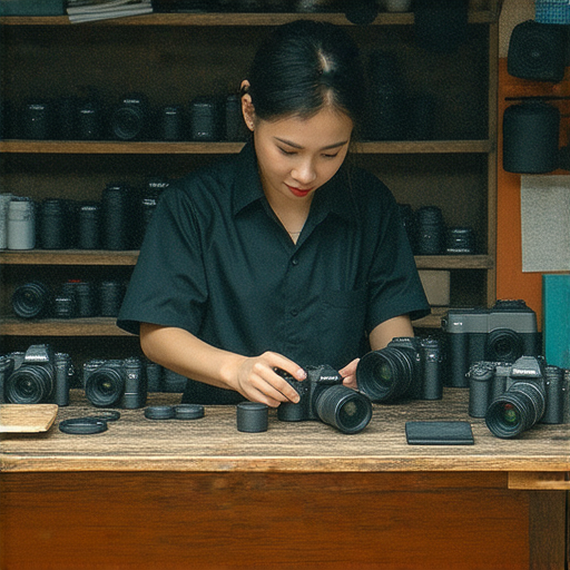 深水埗與旺角的專業相機維修中心服務人員專注於修理相機，展示各種維修工具，周圍有相機配件，讓你重拾拍攝樂趣，享受超值優惠。
