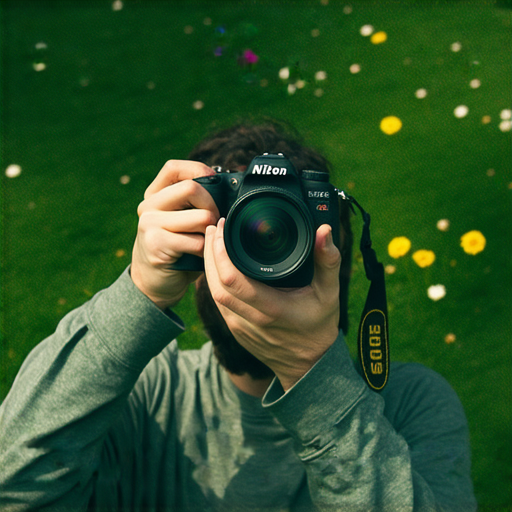 發掘尼康相機神秘魅力的攝影師正在專注拍攝，展示出專業攝影技巧，背景為生動的自然風景，體現探索與創造的精神。
