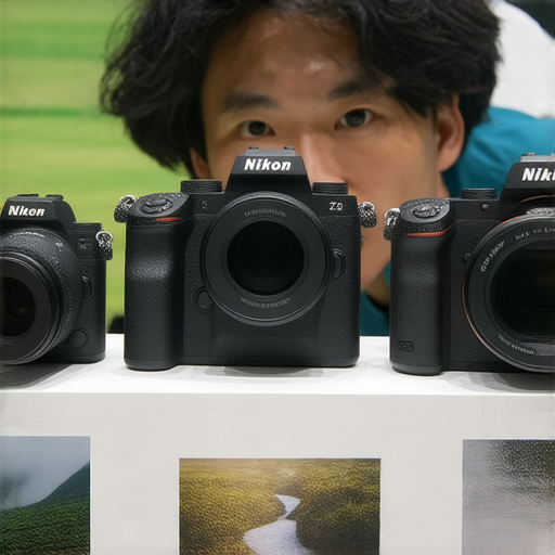 尼康Z FC相機搭配W300模型展示，攝影愛好者探索攝影技巧，捕捉無限可能，背景為自然風景和人像，顯示出尼康設備的高性能與創意潛力。