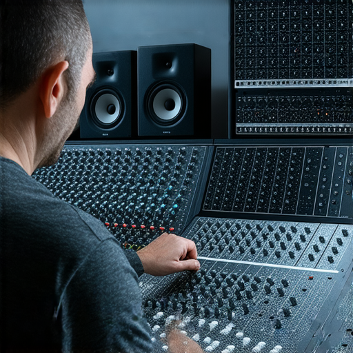 音響箱變革的展示，一位音響專家正在調整新型音響設備，背景有各種音質優化技術裝置，探索極致音質的秘密，感受全新聲音的體驗。