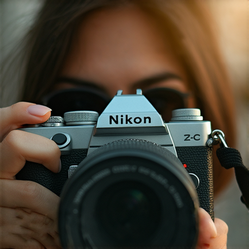 尼康Z FC相機特寫，展示其復古設計與專業功能，背景中有攝影師進行創作，象徵開啟創意之旅的攝影服務，探索攝影魔力的最佳選擇。