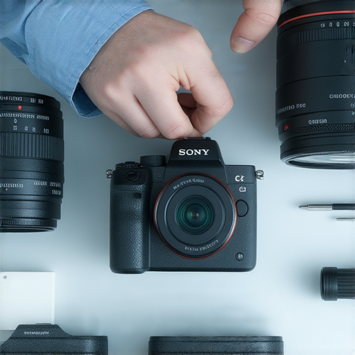 專業相機維修服務，位於深水埗，專注於SONY與CANON相機的維修秘訣，技術人員操作相機零件，展示專業維修流程，提升攝影愛好者的使用體驗。