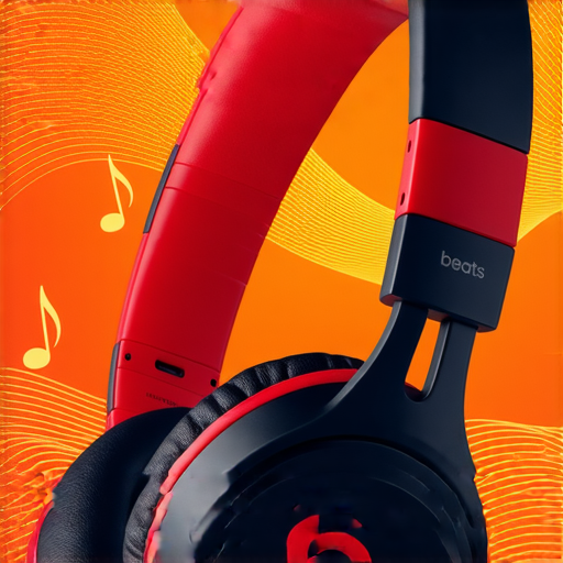 Beats耳機展示在音樂環境中，突顯其獨特設計和優質音質，周圍有音樂流動的氛圍，體現出音樂魅力與沉浸式聆聽體驗。