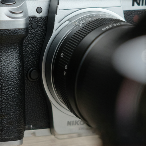尼康Z FC相機的特寫，展示復古設計與現代技術結合，側邊顯示鏡頭及控制旋鈕，背景為模糊的攝影場景，突顯尼康Z系列的獨特魅力與拍攝優勢。