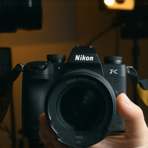 尼康Z fc相機展示於攝影工作室，專業攝影師在探索多樣拍攝技巧，背景為攝影器材與創意拍攝道具，突顯攝影新境界特點。