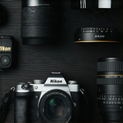Nikon Z fc相機特寫，展現復古設計，旁邊是W300相機，背後有攝影器材和拍攝場景，探索Nikon攝影新世界，揭示各型號特色。
