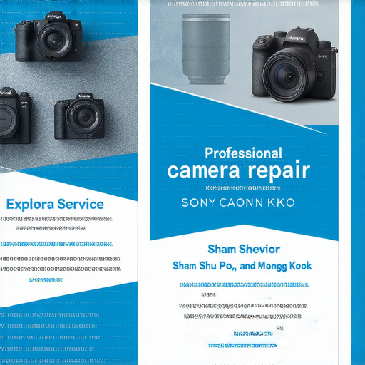 深水埗及旺角專業相機維修服務展示，專注於SONY與CANON品牌，強調優惠服務內容，吸引顧客了解更多維修選項及促銷資訊。