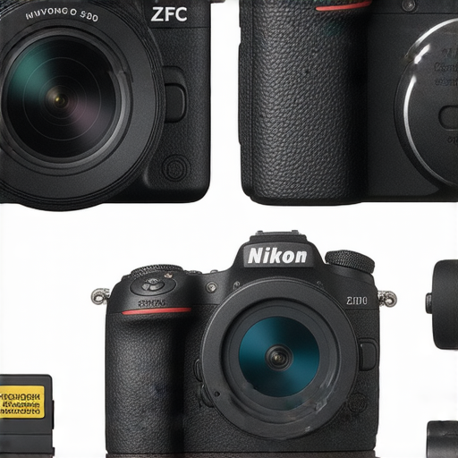 尼康全系列相機展示，包括Z FC單反相機以及Coolpix W300便攜式相機，為不同需求的攝影愛好者提供多樣選擇，展現各款相機的外觀與功能特點。
