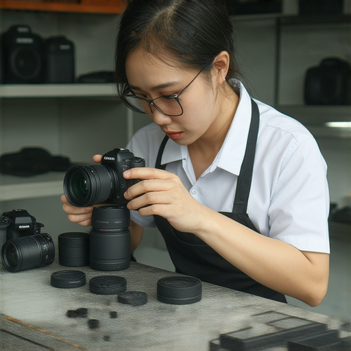 專業相機維修服務的技術人員在深水埗和旺角進行相機檢修，桌上擺放各種相機配件，提供專業的維修與保養建議，讓你的相機重獲新生，立即預約服務。