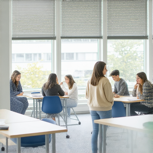 提升職場競爭力的商業英語課程和商務英語課程的廣告圖，展示學習者積極參與課堂活動，加強語言能力和溝通技巧，為職業生涯發展鋪路。