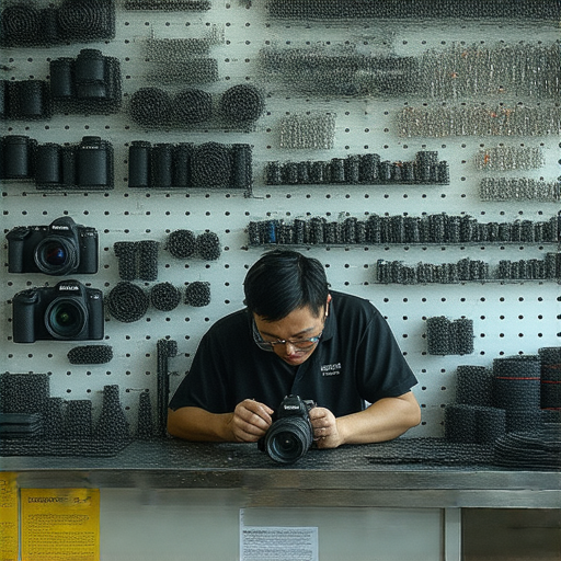 相機維修專業服務店內部，展示各種維修工具和設備，技師正專注於修理相機，背景顯示深水埗和旺角的商業環境，強調迅速掌握相機維修技巧的主題。