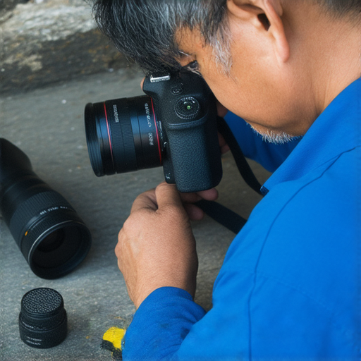 相機維修專業技術人員在深水埗與旺角進行相機故障修復，顯示快速修復過程與專業課程，吸引顧客體驗高效服務，解決相機問題。