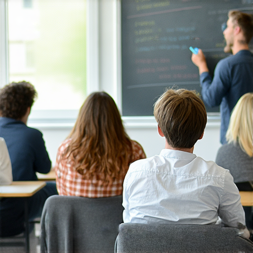 圖片展示了一堂關於提升職場競爭力的商業英語與商務英語課程，課堂中有學員專注學習，講師在黑板上講解商業術語，強調語言技巧對職場表現的重要性。