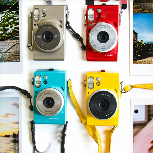 Fujifilm即影即有相機展示，多款相機並排擺放，背景展示出色彩繽紛的拍攝瞬間，突顯Fujifilm魅力，鼓勵用戶立即拍攝專屬瞬間。