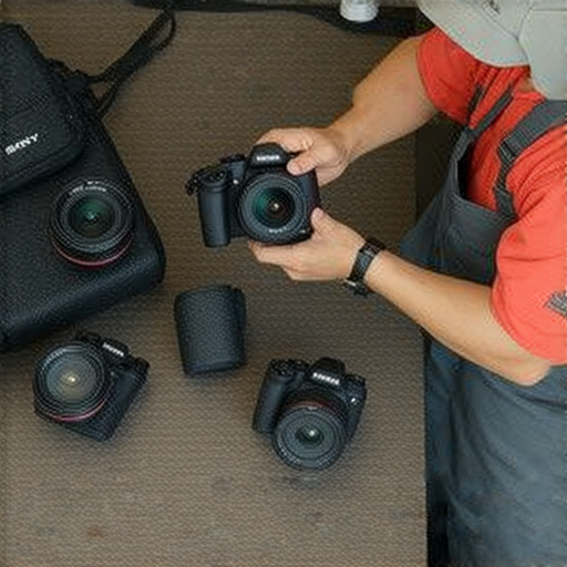 深水埗與旺角的專業相機維修技師正在維修SONY與CANON相機，展現高效率與專業技術，讓相機重拾新生，背景是維修工具與相機配件。