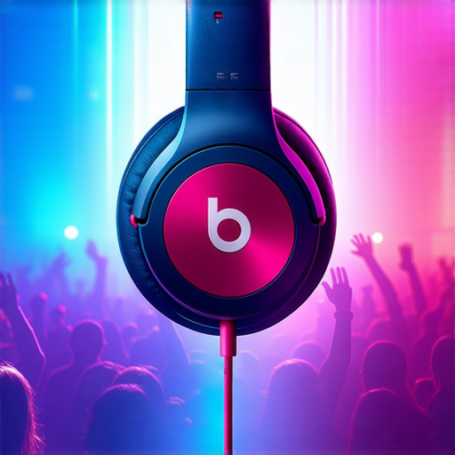 Beats 耳機展示，強調其時尚設計與音質優勢，背景中音樂元素和人群追逐使用 Beats 的熱情，揭示 Beats 耳機為音樂愛好者的追求選擇。