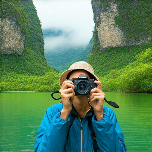 傻瓜相機出行攻略，托運拍攝技巧，專業服務助你無憂旅程，展示相機防護與拍攝實用技巧的示範圖，圖中有旅遊者攜帶傻瓜相機於美麗風景中拍攝。