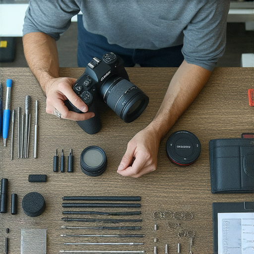 相機維修專業技術人員在深水埗和旺角提供服務，圖片顯示維修工具和設備，展示相機檢查過程，價格透明，吸引客戶了解更多相機故障維修資訊。