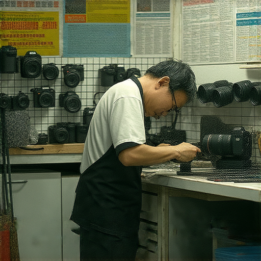 深水埗和旺角的相機維修店內部景觀，顯示專業技師正在進行相機維修，同時提供相機維修課程資訊的海報，吸引攝影愛好者進修和學習技術。