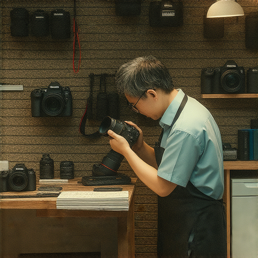 專業相機維修店的技術示範，展示深水埗與旺角的專業維修服務，維修工程師正在檢查相機，提供高品質的維護方案，吸引攝影愛好者探索。