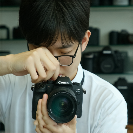 深水埗與旺角的相機維修店門口，技師正在專心檢查相機，展示專業維修技術，並吸引潛在客戶，讓你的相機重回巔峰，成為拍照最佳夥伴。