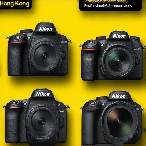 香港最便宜的Nikon相機展示，配合專業保養服務的廣告，吸引攝影愛好者探索新的攝影選擇，展現相機細節與優惠信息。