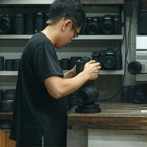 深水埗與旺角的專業相機維修店內部景象，技師專注檢修數碼相機，展示高端維修設備，提升相機功能，讓攝影愛好者發現拍攝樂趣與秘訣。
