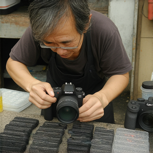 相機維修專家在深水埗與旺角工作，解決相機故障問題，顧客在專業技術輔助下重拾攝影熱情，維修工具與配件展示，專注維修過程，營造專業可靠的氛圍。