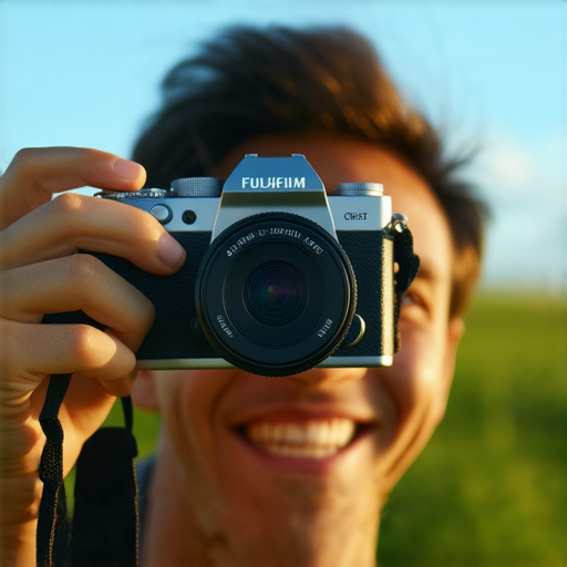探索Fujifilm相機的使用者，手持相機在戶外拍攝，捕捉精彩生活瞬間，背景是美麗的自然風景，展現即刻入門的攝影樂趣。