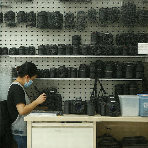 深水埗與旺角的相機維修店內部專業服務場景，技師專注於維修相機，周圍擺放多款相機設備，展現香港相機維修的專業與多樣性。