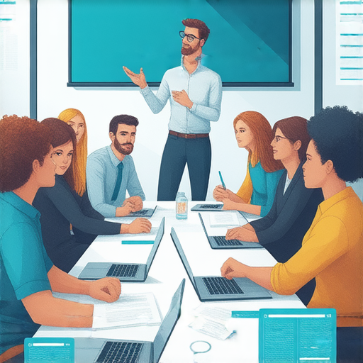 提升專業能力的商業英語課程和商務英語課程的學員進行互動學習，專注於商業溝通技巧和實際應用，以提升職場競爭力的情景。