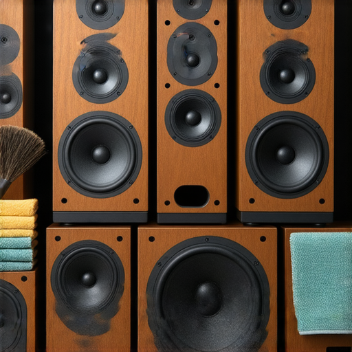 提升聆聽體驗的音響箱選擇與維護技巧，展示不同類型音響箱的擺放方式和清潔工具，強調音響箱的維護對音質的重要性，適合音樂愛好者和音響發燒友。