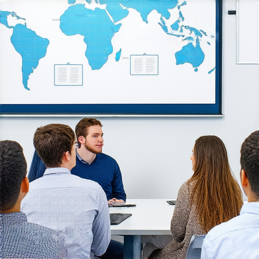 提升商業英語能力報名專業商務英語課程學習的宣傳圖片，展示課程內容及學員互動情景，強調商業溝通技巧及國際合作能力的發展。