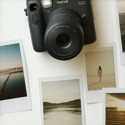 一台Fujifilm即影即有相機展示在自然光下，周圍擺放著拍攝作品，專業服務標識可見，吸引顧客探索即影即有的魅力與創意。