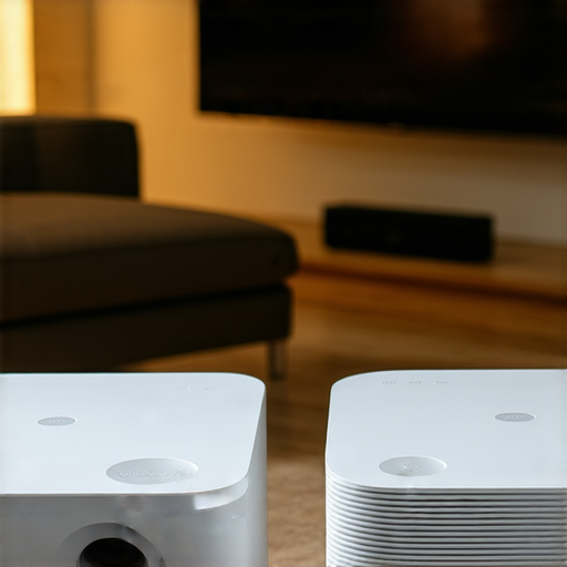 小米投影機3與互動投影機並排展示，彰顯其現代設計與技術，適合家庭觀影，提升娛樂體驗，背景為舒適的居家環境，突顯產品的實用性與美觀。