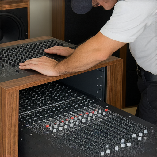 專業技術人員在揭開音響箱，檢查內部元件，以提升音質和音樂體驗，背景為高品質音響設備，強調音響箱的秘密與專業服務。