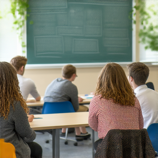 提升職場競爭力的商業英語課程與商務英語課程詳解，展示學習過程中學生積極參與的情景，背景為教室和黑板，強調實用性和互動式學習。