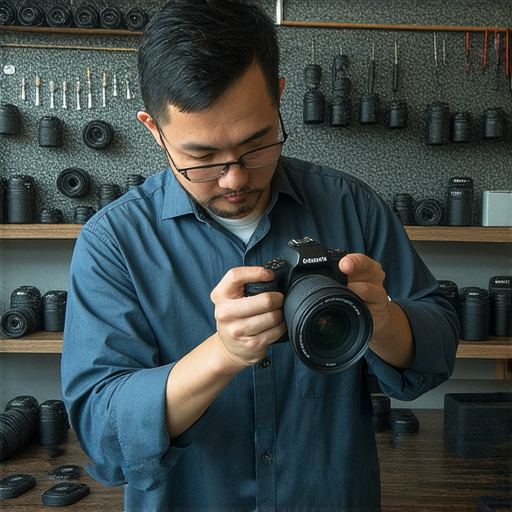 深水埗相機維修專業技術人員正在檢查相機，展示各種維修工具，背景為相機配件，呈現深水埗相機維修服務的可靠性與專業性，助你重拾拍攝樂趣。