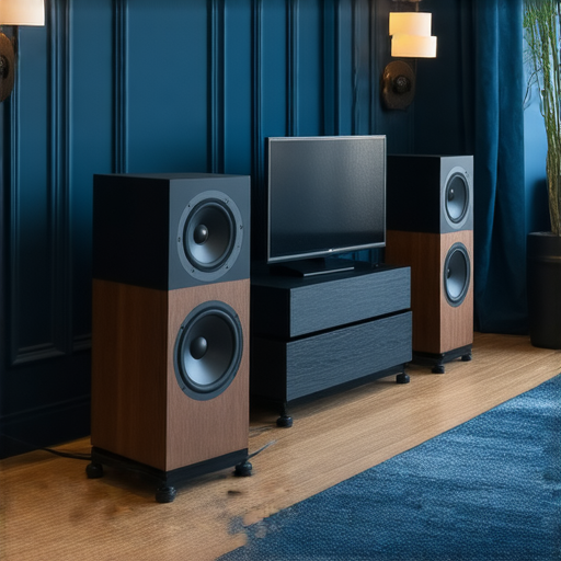 高品質音響箱擺放在時尚的居家環境中，音響設備散發出優雅的音樂氛圍，提升了音樂體驗和生活品質，適合音樂愛好者與家庭影音室使用。