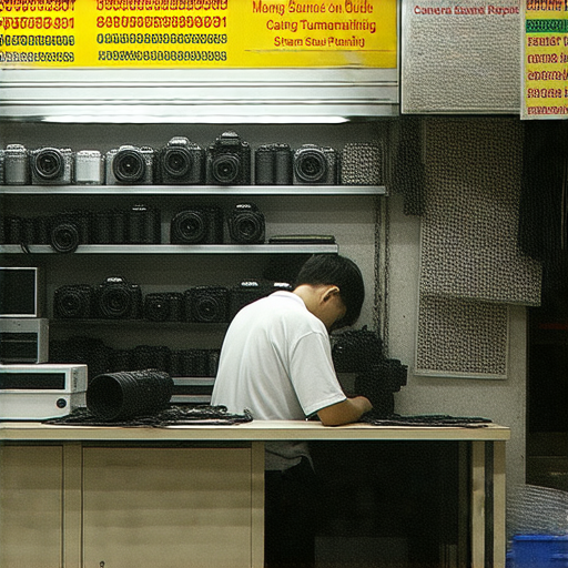 深水埗相機維修店內部，技師專心維修相機，展示專業工具與器材，旺角與屯門相機服務推薦指南，適合攝影愛好者及專業人士。