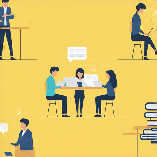 提升商業英語能力的課程與策略圖示，展示學習者在課堂中積極參與，透過聆聽、口語練習與寫作技巧提升商業溝通能力，強調有效策略與實用課程的重要性。