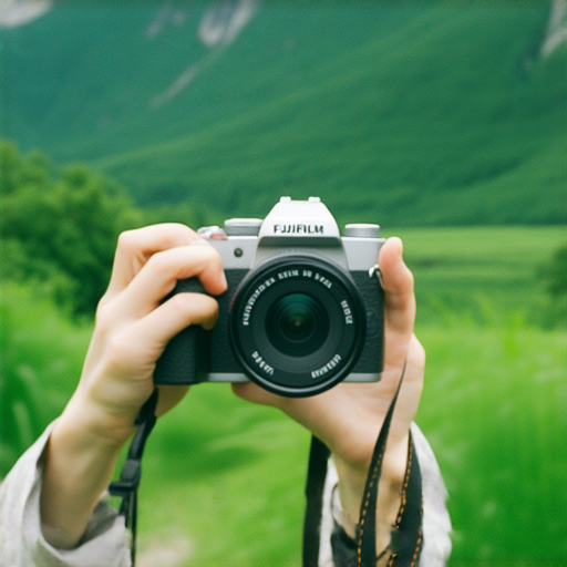 探索Fujifilm相機的魅力即影即有體驗中，使用者手持相機拍攝美景，背景展示美麗風景和攝影器材，呈現Fujifilm相機的獨特設計及使用樂趣。